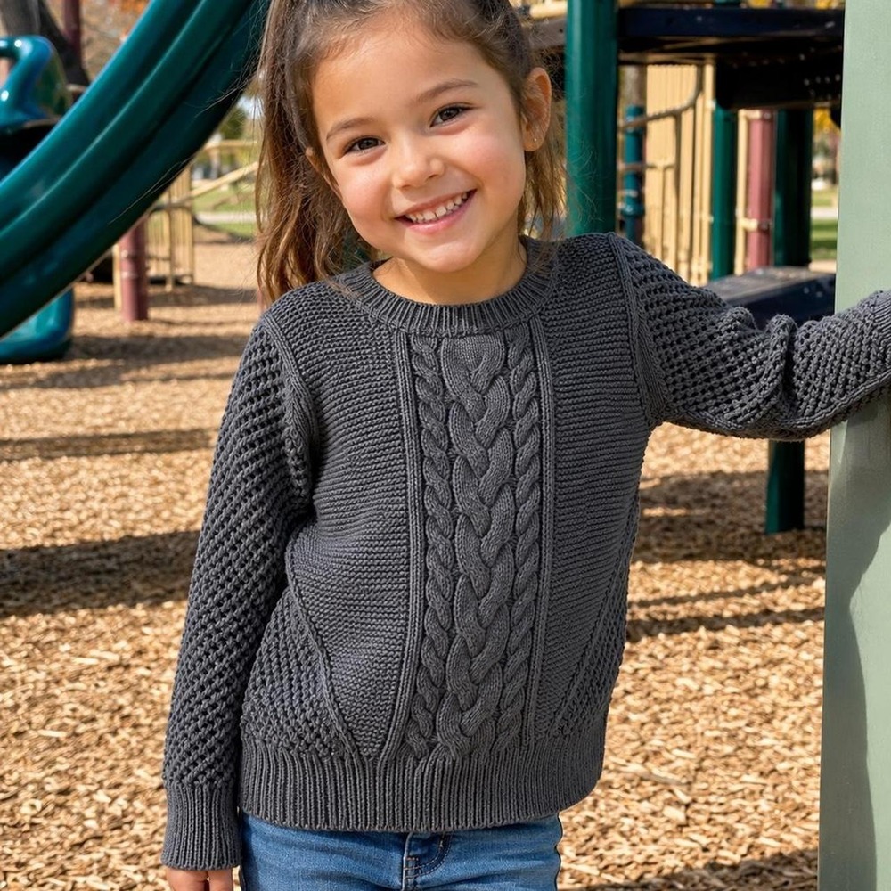 Gap Kids Girls XS 4-5 Cable Knit Sweater Charcoal Grey Waffle Knit Crewneck